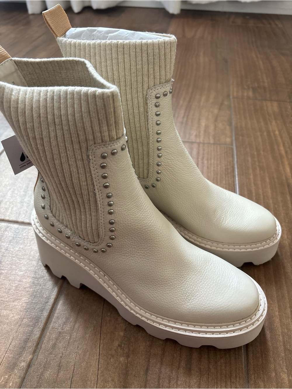 Dolce Vita Cream Rib-Knit Chelsea Booties with Stud Trim